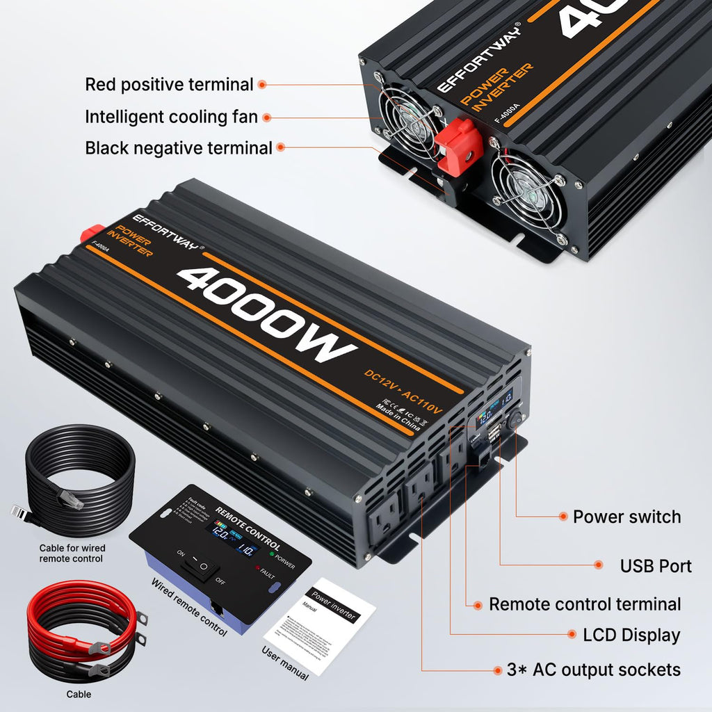 4000W Power Inverter, Inverter 12v to 110v 8000W Peak LCD Display