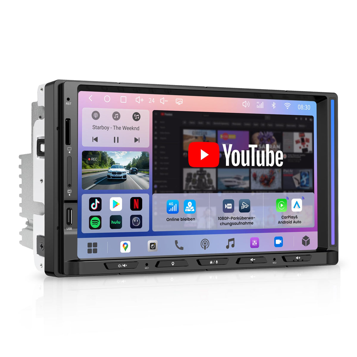 S8 Gen4 7" Android Double DIN Car Stereo with 4G LTE, Wireless CarPlay & Android Auto, QLED Touchscreen, DSP 4V Pre-Outs, Optical Out, HDMI in/Out, GPS Tracker, LED Sync Bar, S84G2D7PB
