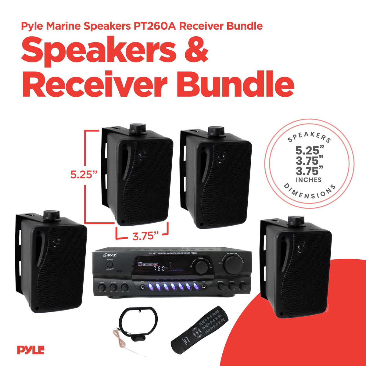 Pyle PLMR24B 3.5 Inch Home Theater Speakers with 100 Watt RMS Power, 4 Ohm Impedance, Stereo Theater Receiver, and 3 RCA inputs (4 Pack)