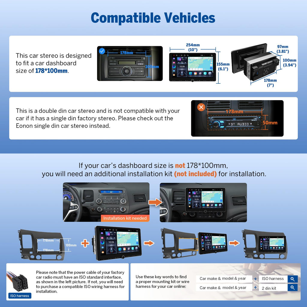 Eonon 4+64GB Android 14 Double Din Car Stereo 10.1" Headunit