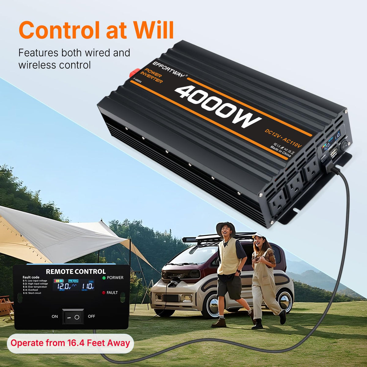 4000W Power Inverter, Inverter 12v to 110v 8000W Peak LCD Display