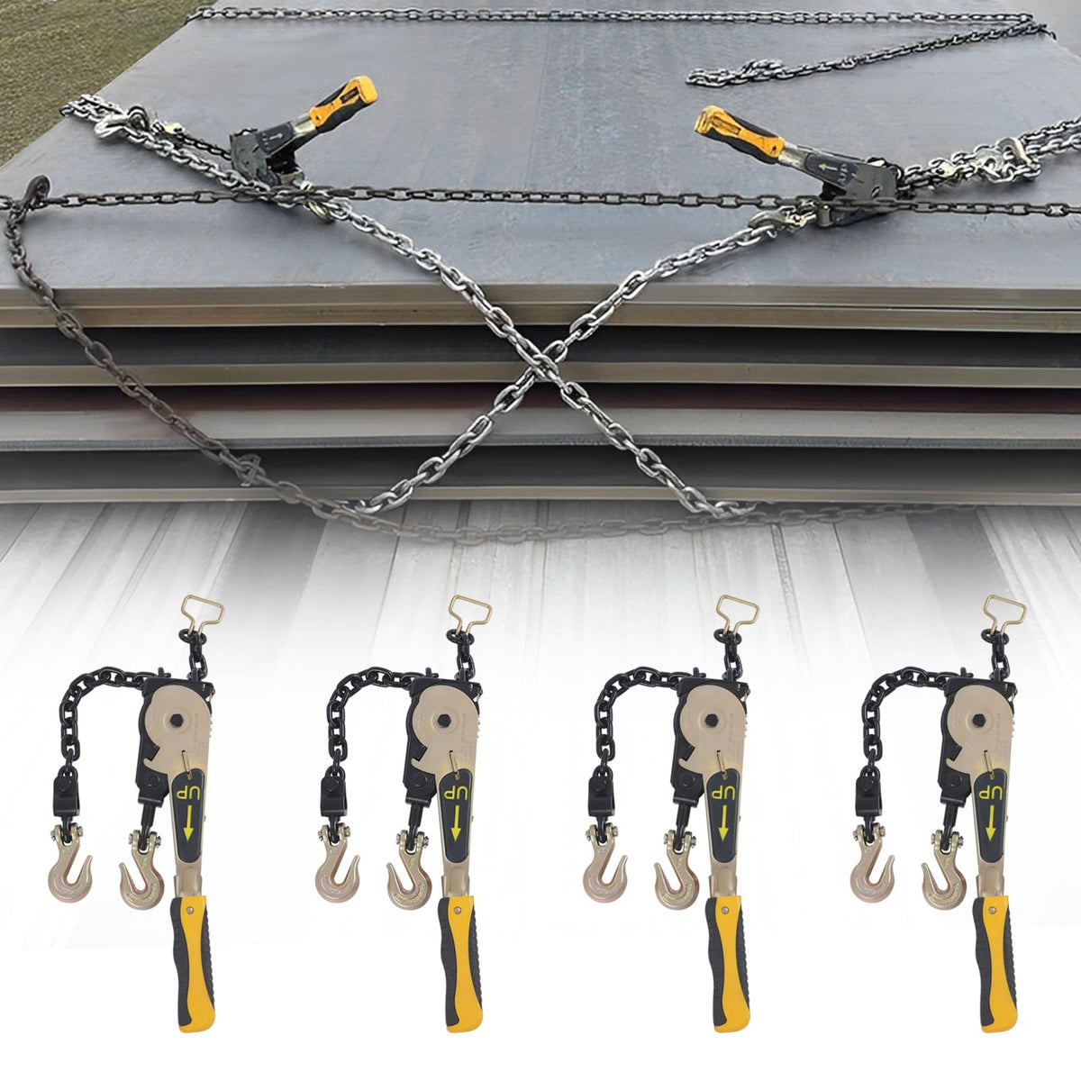 4 Pack 3/8"-1/2"Chain, Ratcheting Chain Binder - Heavy Duty Tie Down Ratchet Load Binder for Flatbed Trailers & Trucks 6600Pound