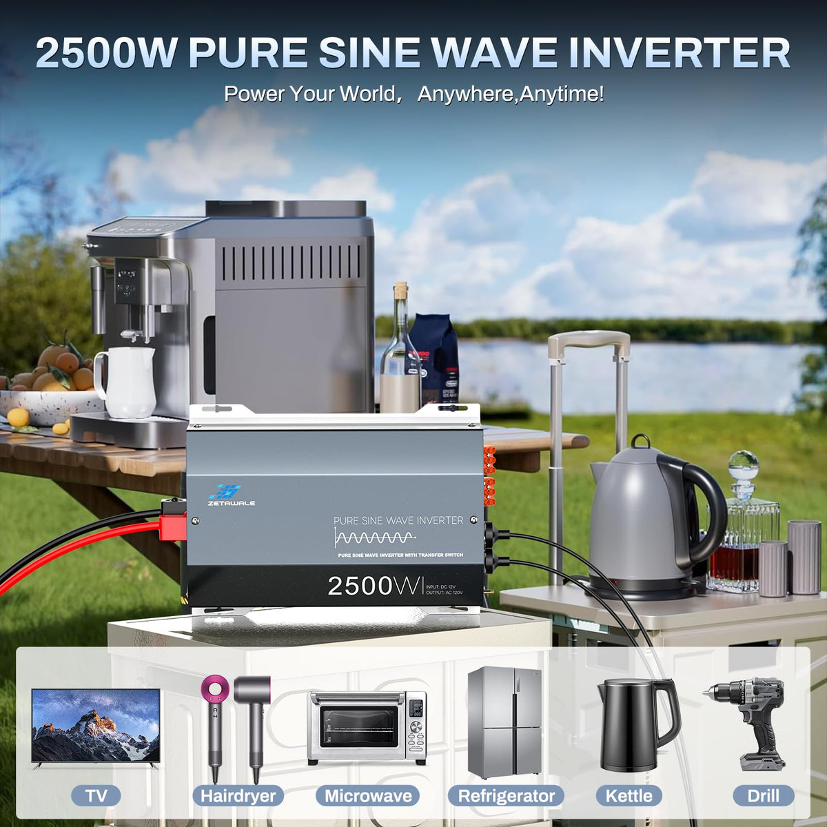 2500W Pure Sine Wave Inverter with Built-in ATS 12V DC to 120V AC for RVs
