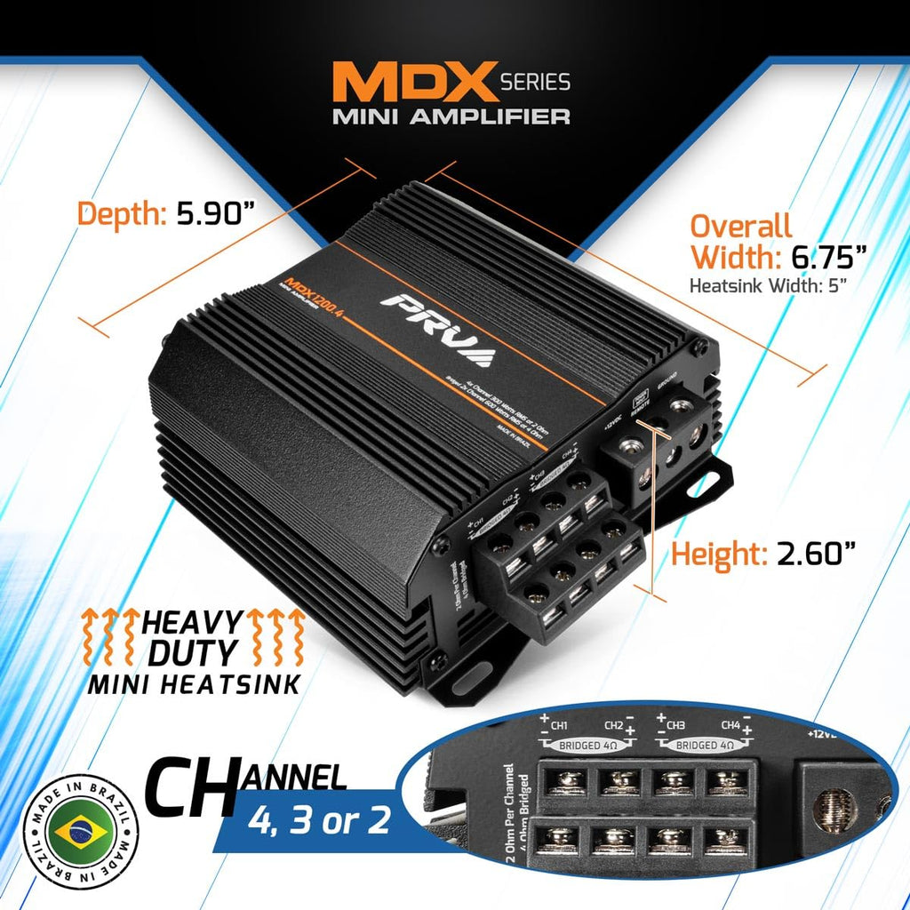 PRV Audio MDX1200.4 2 Ohm Mini 4 Channel Car Audio Amplifier 4 x 300 Watts RMS at 2 Ohm - 1200 Watt 12 Volts Bridgeable Amp for Powersports, Motorcycles, ATV, for High Power Stereo Speaker Systems