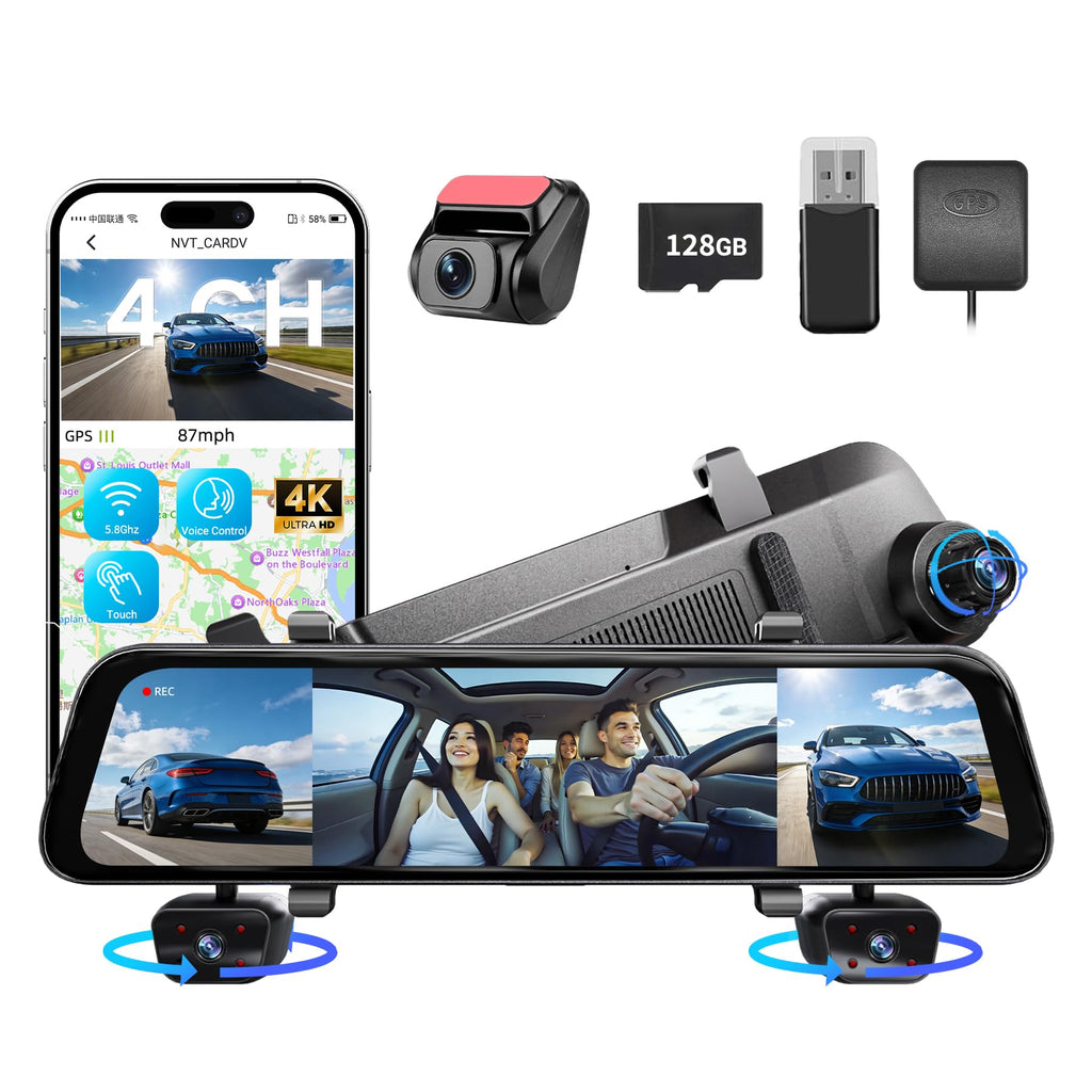 12" 4K+1080Px3,4 Channel Mirror Dash Cam Front and Rear with STARVIS Sensor, Rear View Mirror Camera,Back up Camera for Cars,8 IR Night Vision,WiFi,GPS,Voice Control,Free 128G SD