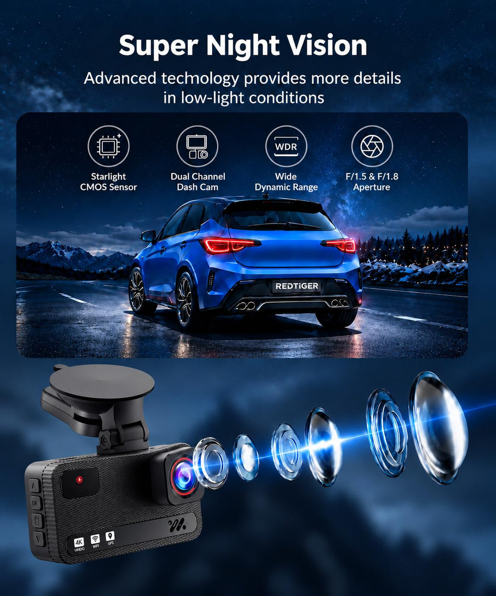 Dash Cam Front and Rear, 4K+4K Car Dash Camera, Free 128GB Card,5.8GHz WiFi