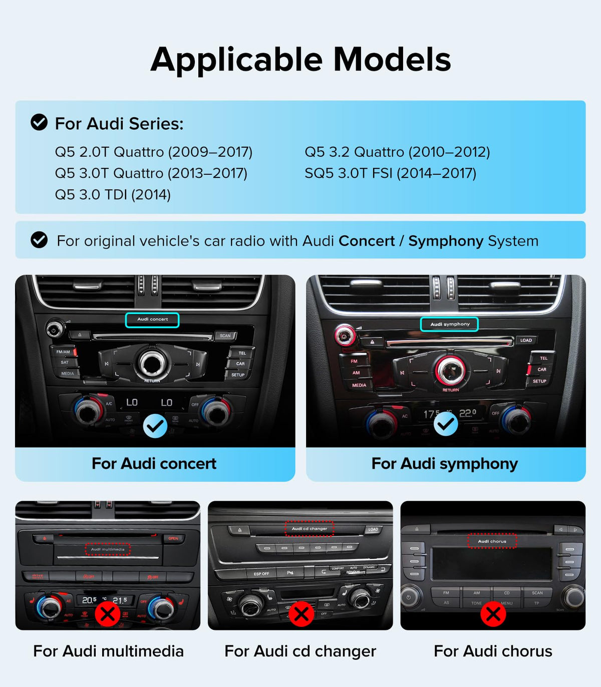 12.3" CarPlay Radio Upgrade for Audi Q5 SQ5 09-17 with Concert/Symphony