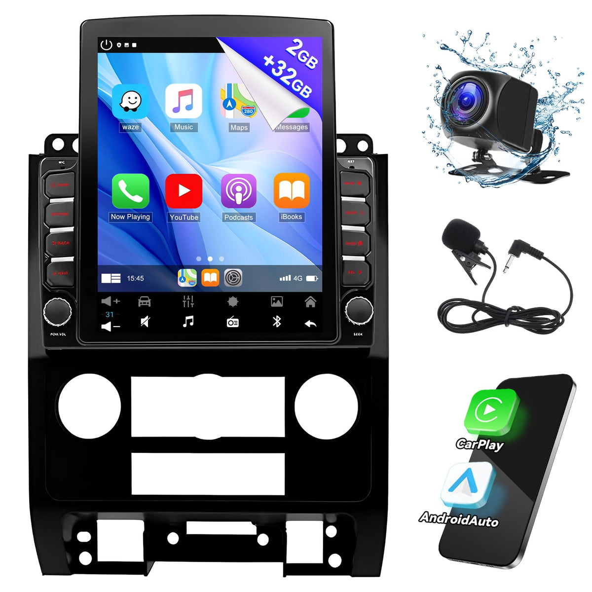 9.7‘’ Vertical Touchscreen Car Radio for Ford Escape Mazda Tribute 2007 2008 2009 2010 2011 2012 with Wireless Carplay Android Auto, Bluetooth 5.0, GPS, WiFi, SWC, FM, Mic, Backup Cam