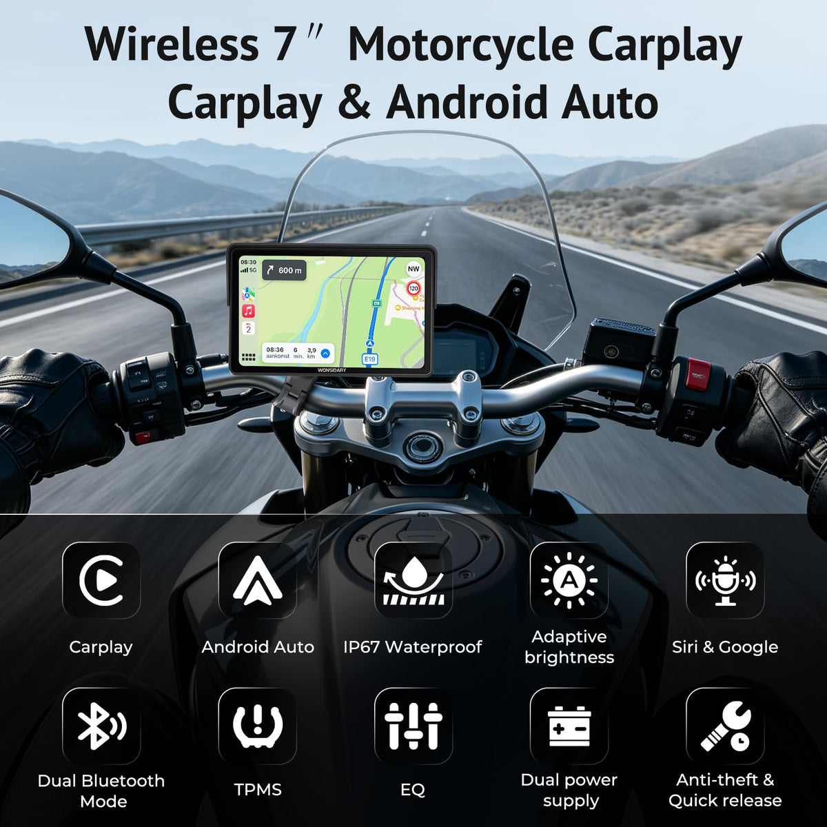 W722TPMS 7" Wireless Motorcycle CarPlay & Android Auto with TPMS