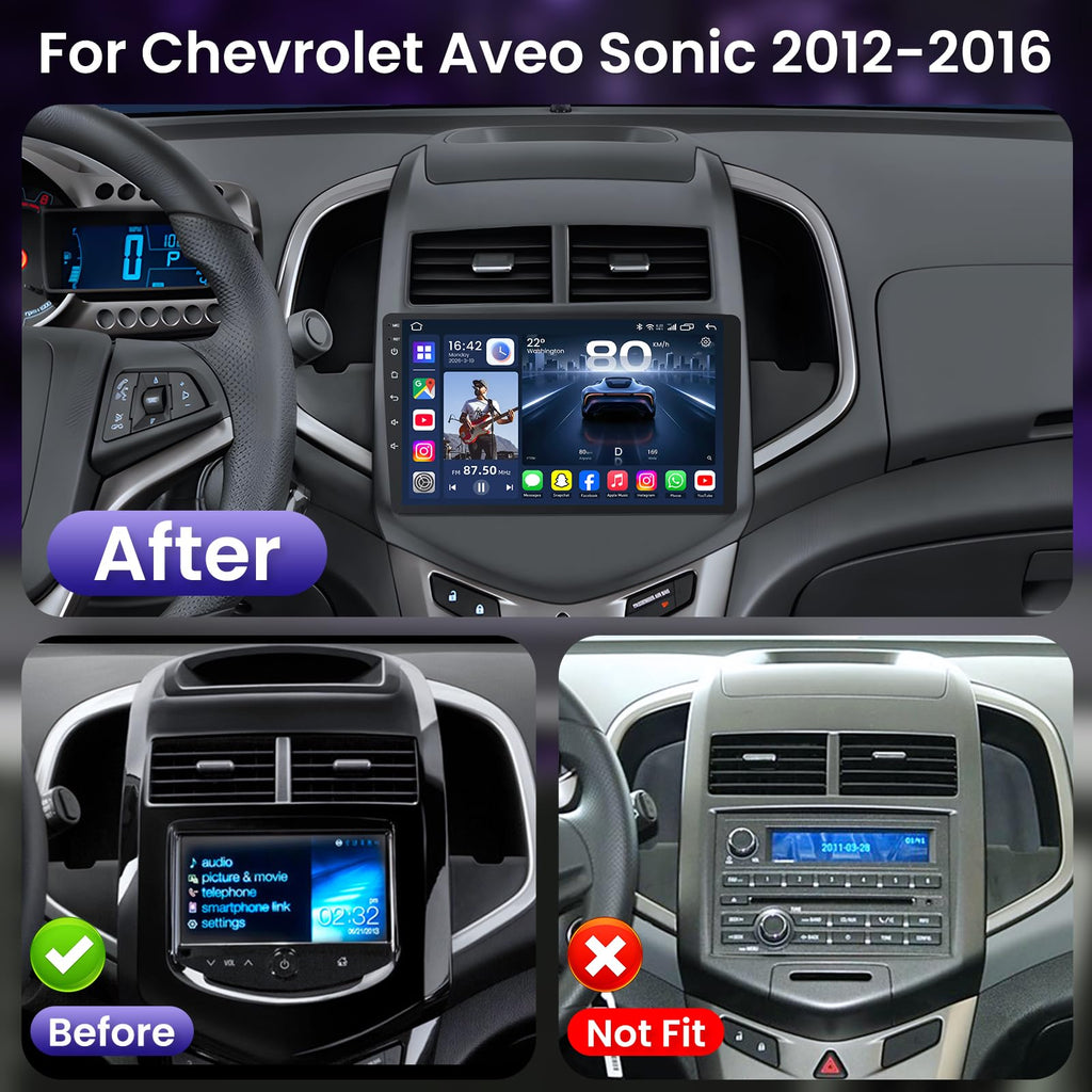8Core 64ROM Android 15 Car Radio for Chevy Aveo Sonic 2012-2016: 9 Inch QLED FHD Touchscreen with Wireless Carplay Android Auto, 5G WiFi Bluetooth SWC GPS Navigation FM/AM DSP 1080P Backup Camera