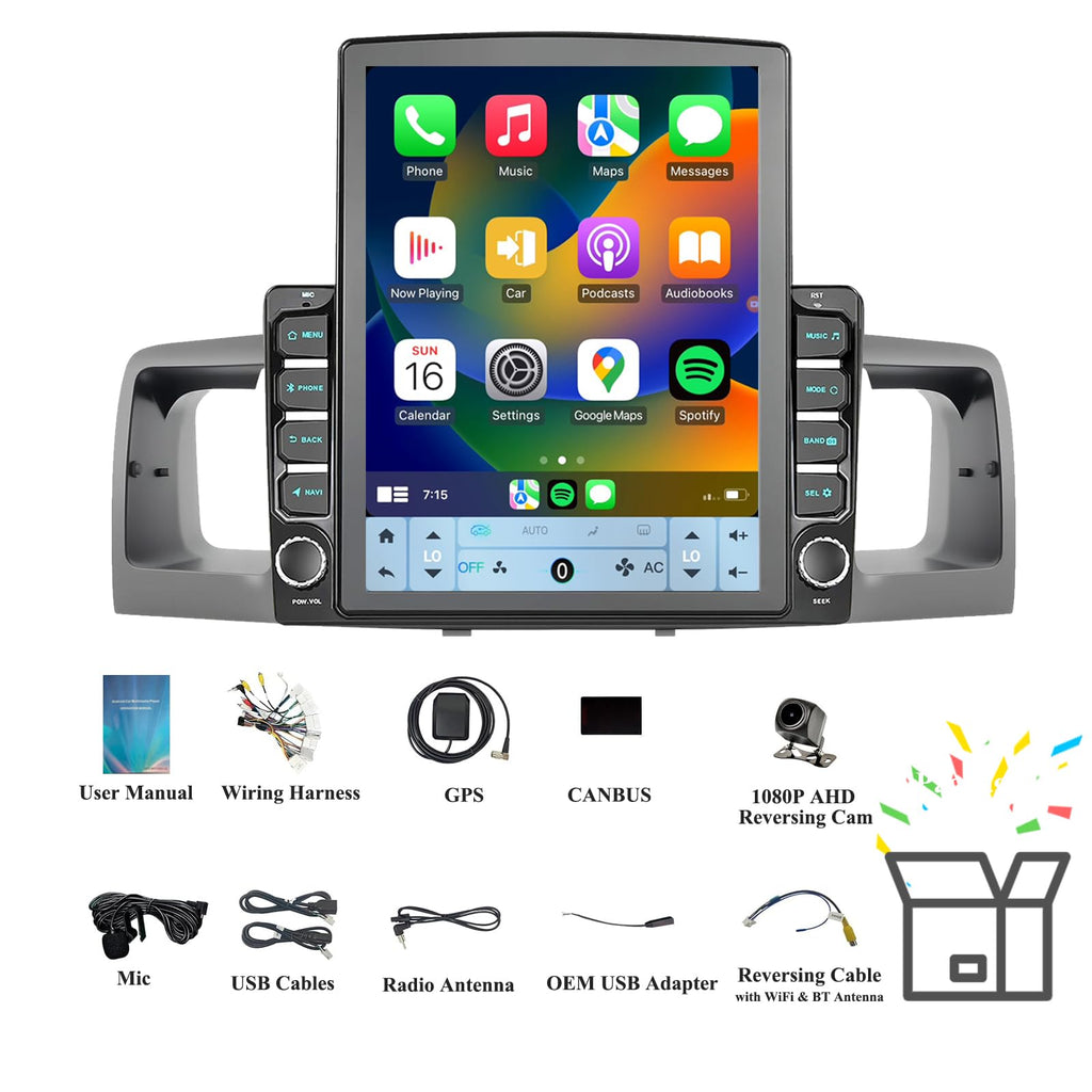 9.7" Android 15 Car Radio Compatible with Toyota Corolla 2003-2008(Non-J.B.L Version), Wireless CarPlay/Android Auto, 2G+64G, GPS, Bluetooth 5.1, Supprt Steering Wheel Control & Backup Camera