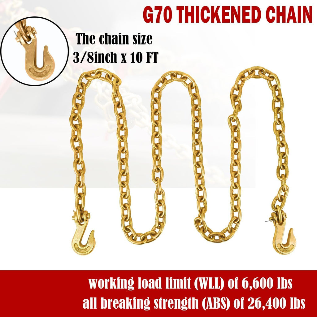 3/8"-1/2" Ratcheting Chain Binder with 10ft Transport Chain, 9200 lbs Working Load, Galvanized Alloy Steel for Truck, Trailer, Tie Down, Hauling, Towing, Industrial Construction