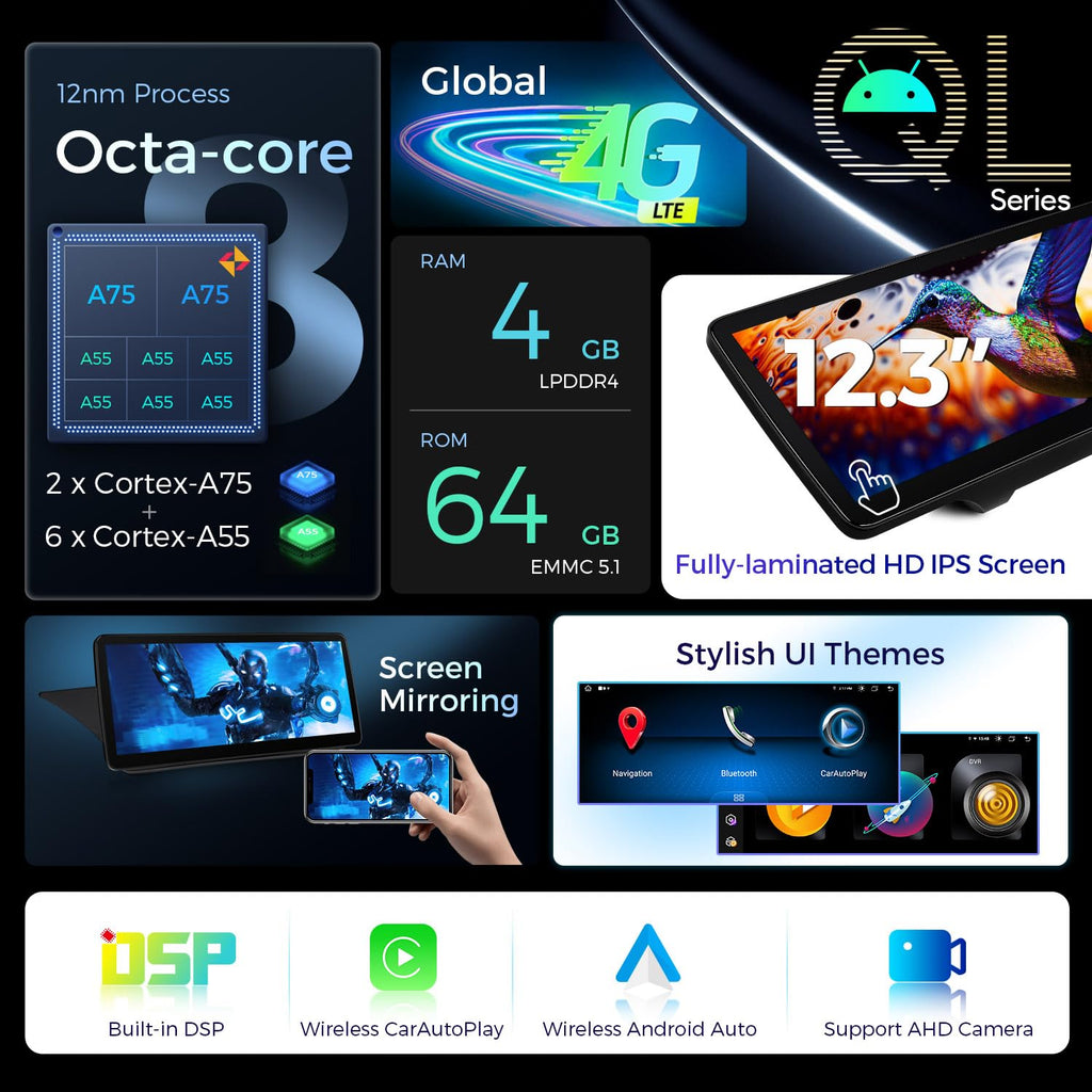 XTRONS 12.3 Inch Android 14 Car Stereo for Mercedes-Benz W212 S212 (2013-2014) NTG 4.5 4.7 System, IPS Touch Screen 4+64GB Global 4G Car Radio GPS Navigation Support Wireless CarPlay Android Auto