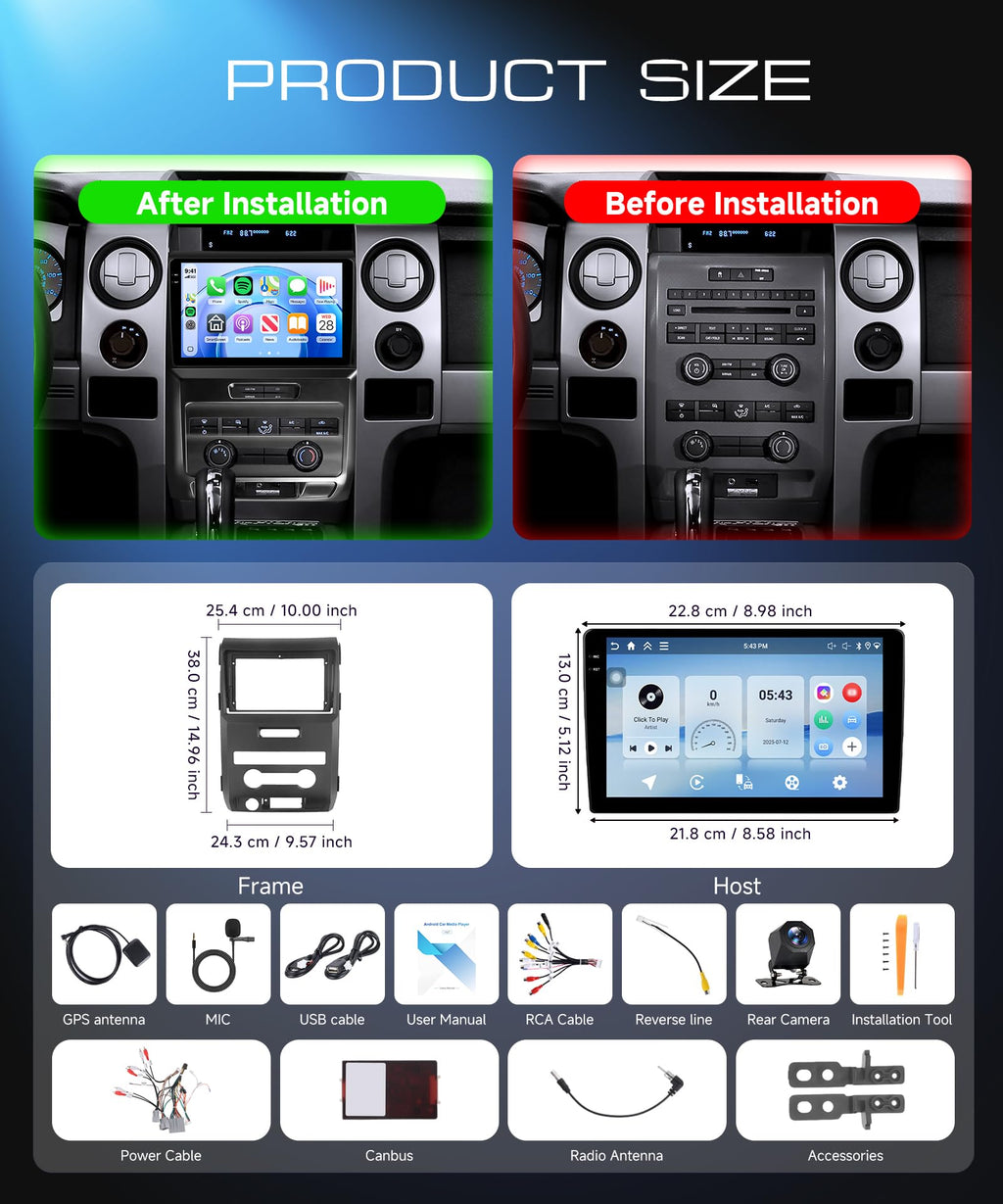 4G+128G Car Radio for Ford F150 2009 2010 2011 2012 with Wireless CarPlay Android Auto, 9 Inch Touchscreen Android Car Stereo with GPS WiFi Mirror Link SWC Bluetooth AM/FM EQ Backup Camera