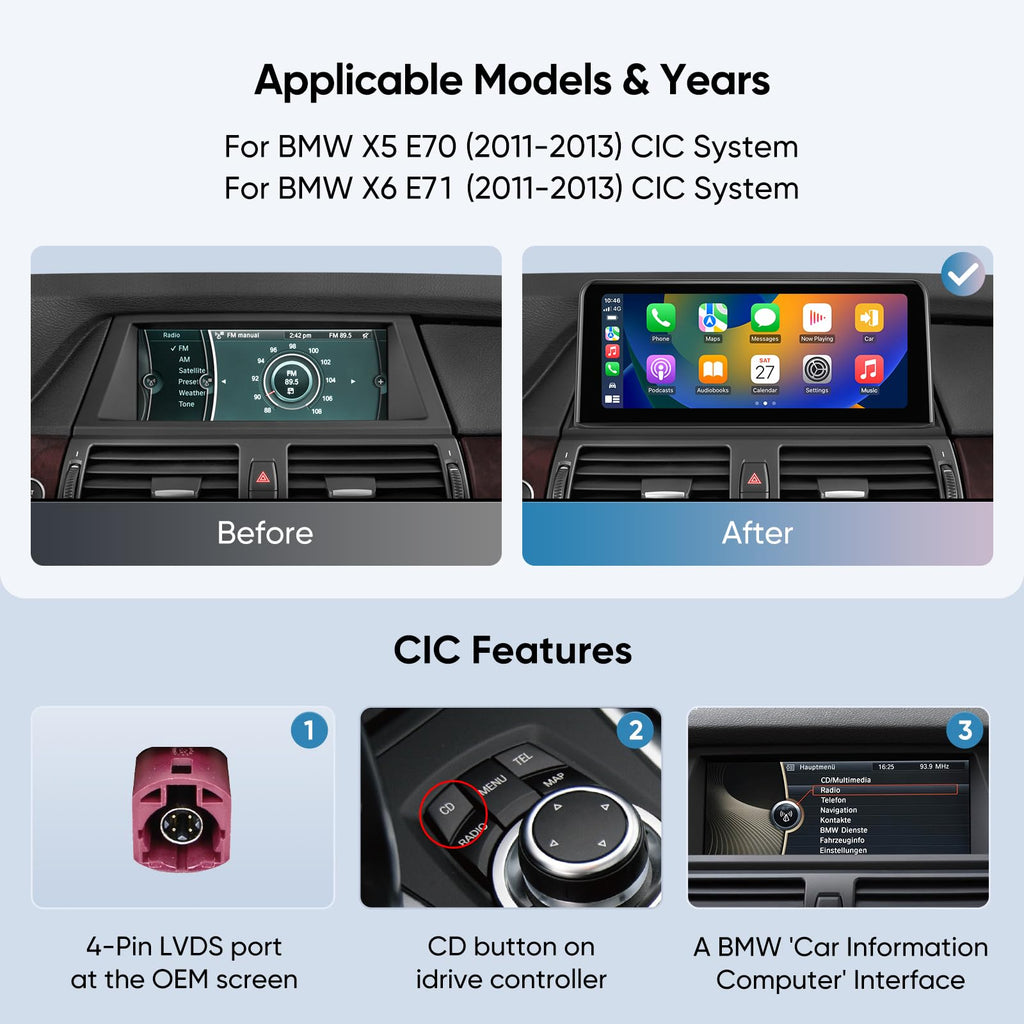 Car Stereo for BMW X5 X6 E70 E71 (2011-2013) with CIC System, Wireless CarPlay Android Auto Upgrade Factory Radio Bluetooth WiFi Touch Screen (10.25" CIC (2011-13))