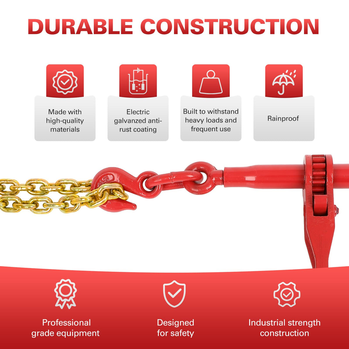 3/8" to 1/2" Ratchet Chain Binder with G80 5400 lbs Safe Working Load 3/8" X 10FT Binder Chain，with Grappling G70 Hook, Tie Down Hauling Chain Binders for Flatbed Truck Trailer