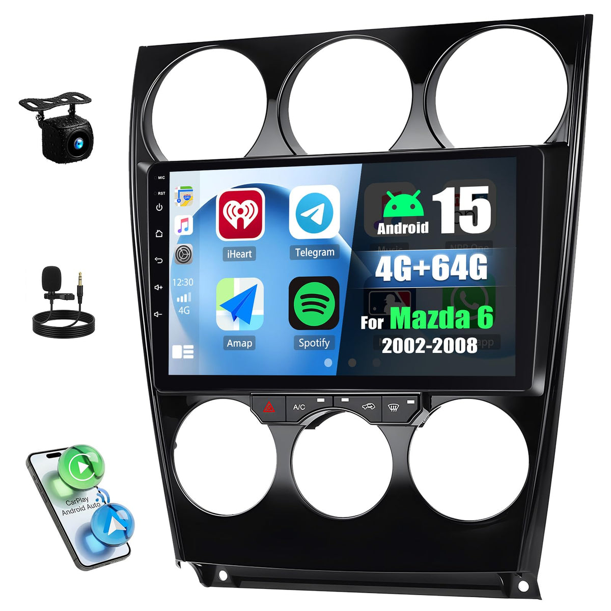SIXTOP 4G+64G Android Car Stereo Radio for Mazda 6 2002-2008 Wireless Carplay Android Auto 9 Inch Touchscreen GPS Bluetooth 5.0 Head Unit WiFi 6 FM/RDS EQ SWC AHD Backup Camera