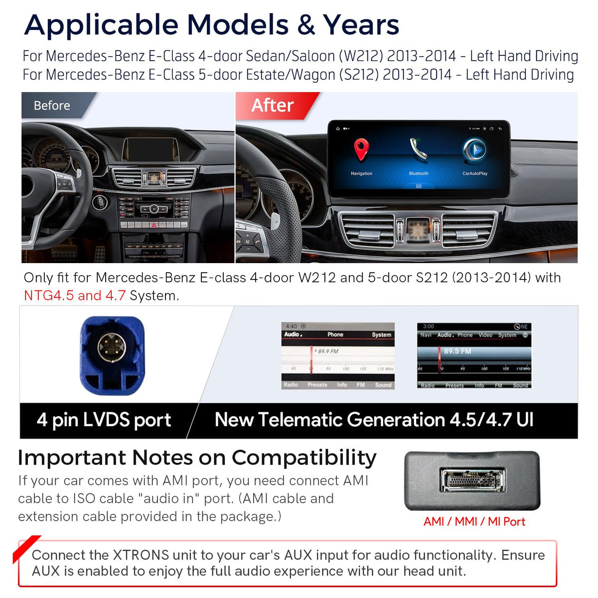 XTRONS 12.3 Inch Android 14 Car Stereo for Mercedes-Benz W212 S212 (2013-2014) NTG 4.5 4.7 System, IPS Touch Screen 4+64GB Global 4G Car Radio GPS Navigation Support Wireless CarPlay Android Auto