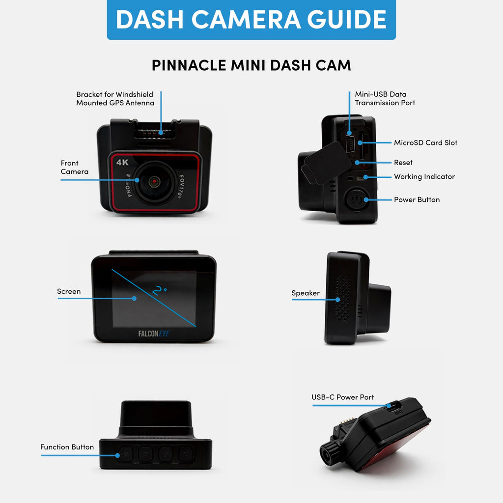 FalconEye Pinnacle Mini 4K Dash Cam: 2160P Ultra HD Front Car Camera, 2” IPS Screen & 170° Wide Angle, Built-in GPS Tracking & WiFi App, Enhanced Night Vision, Loop Recording & G-Sensor