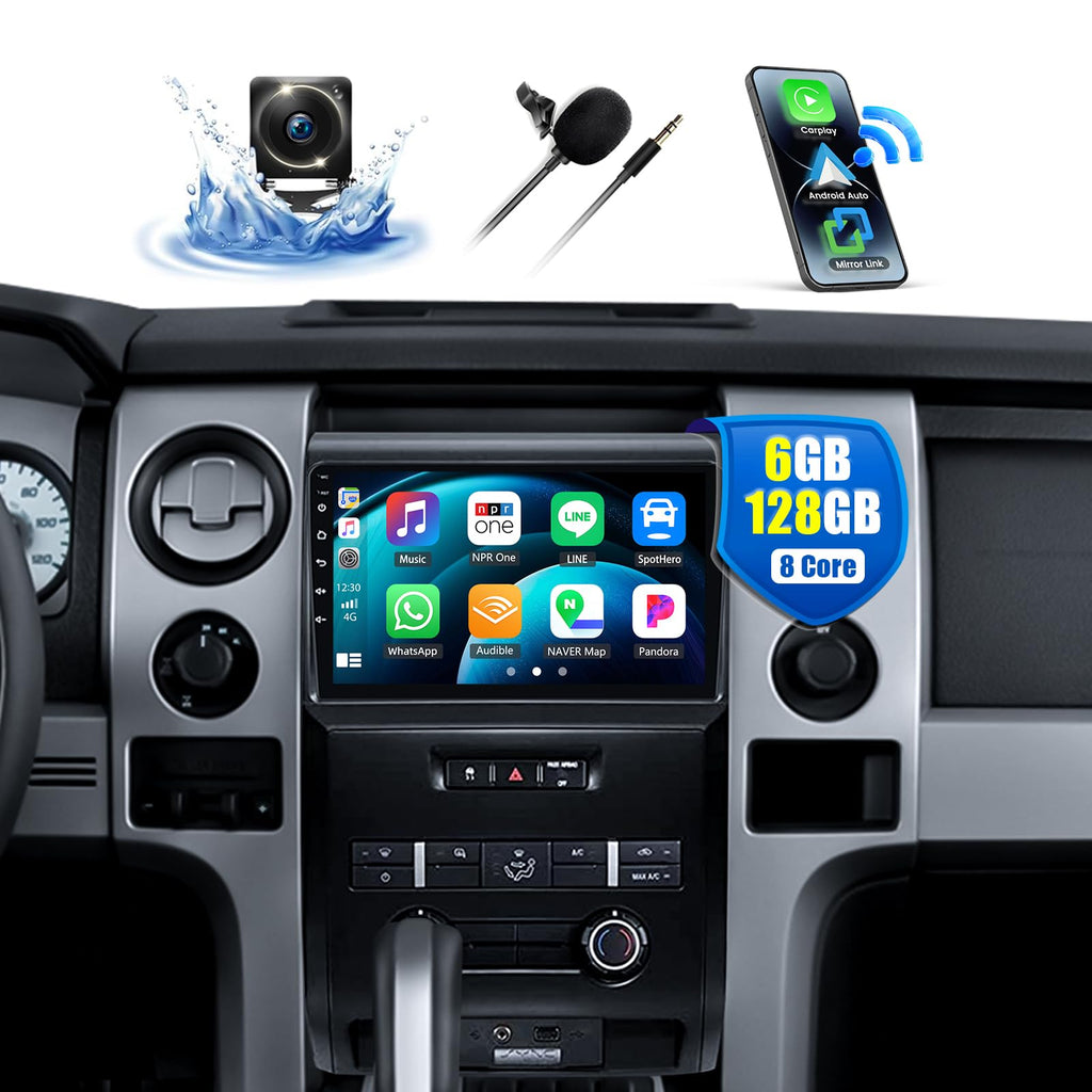 6G+128G 8-Core Android 15 Car Radio Stereo for Ford F150 F-150 2009 2010 2011 2012 with Wireless CarPlay Android Auto 9" IPS Touch Screen Head Unit with DSP GPS Bluetooth 5.0 WiFi FM AHD Backup Camera