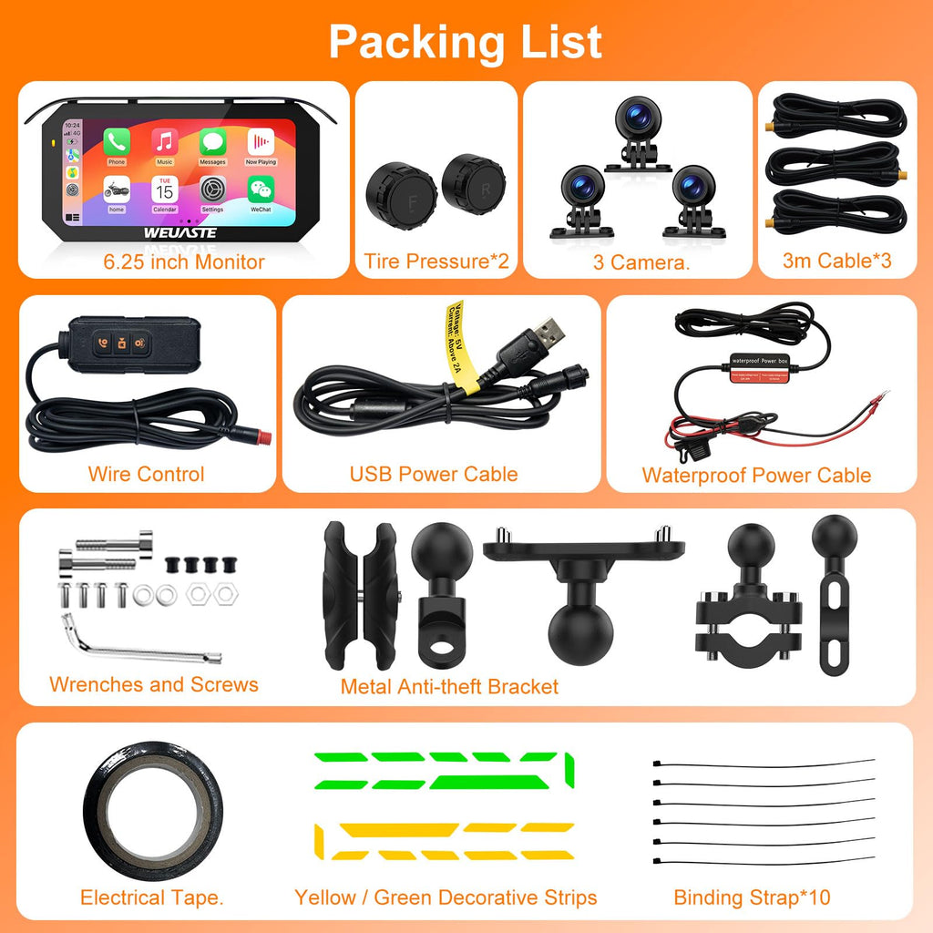 6.25' Motorcycle Carplay with Three Dash Cam (Inclues 128G SD),TMPS,GPS Navigation with Wireless Android Auto,Waterproof Touchscreen,Support Siri,Google Assistant,Anti-Glare,Bluetooth