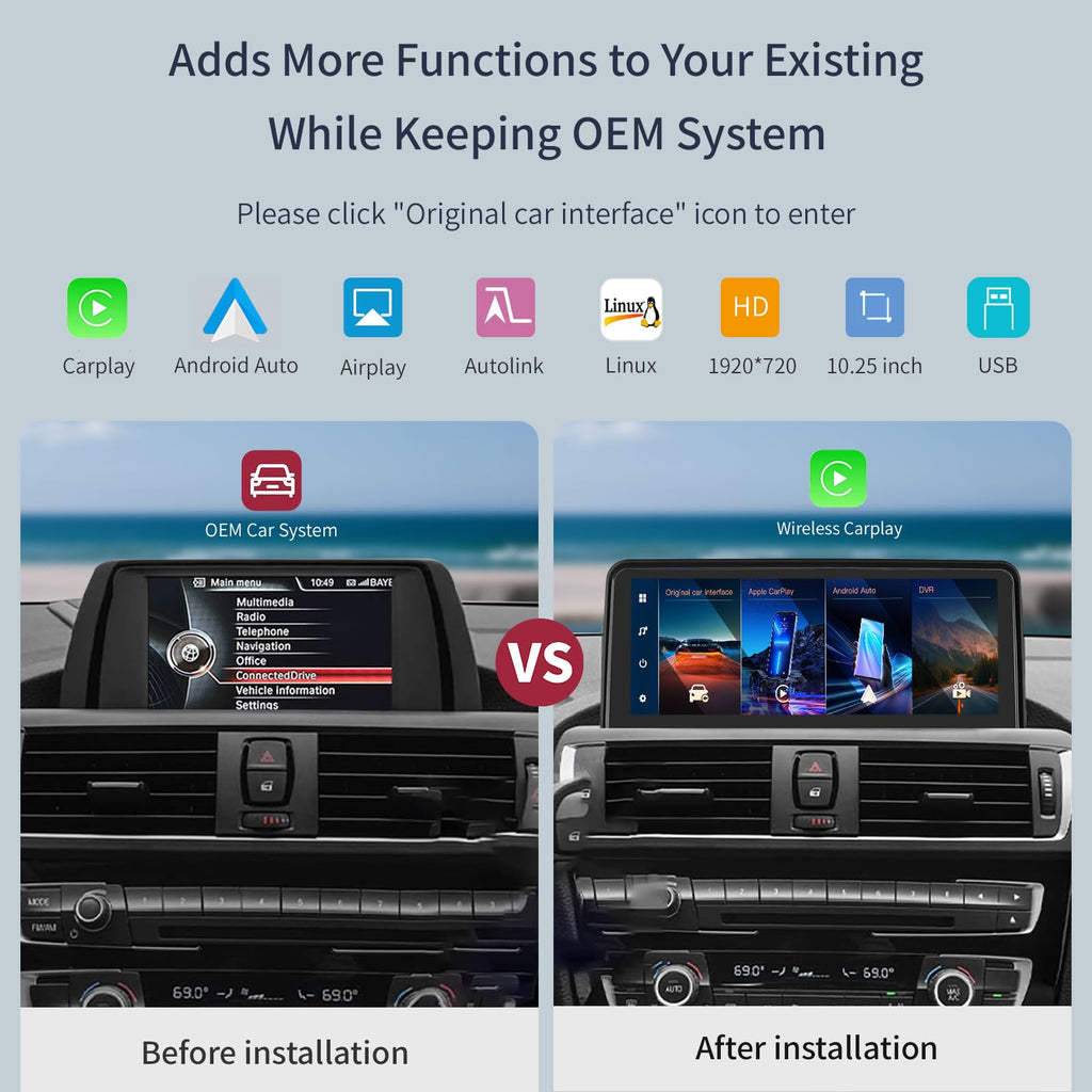 Wireless CarPlay/Android Auto 10.25'' Touchscreen Multimedia Radio Receiver for BMW 3 4 Ser F30/F31/F32/F33/F34/F36 2012-2016 Year with NBT-System HD 1920*720 Resolution Keep Car OEM Features