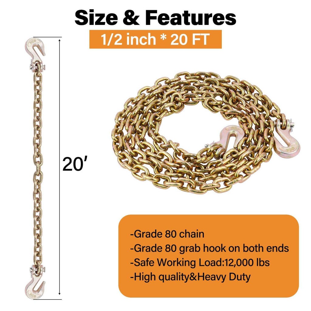 G80 Chain, 1/2" x 20' Safety Chain w/Grade 80 Clevis Grab Hooks