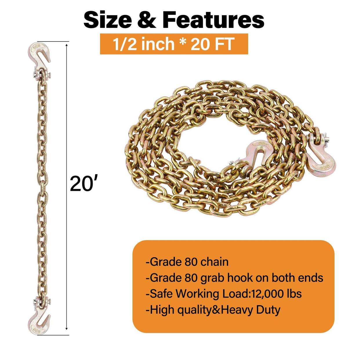 G80 Chain, 1/2" x 20' Safety Chain w/Grade 80 Clevis Grab Hooks