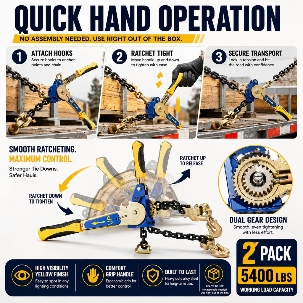 2 Pack 5/16"-3/8" Easy Ratchet Chain Binder with Grab Hooks & 5400 lbs WLL - Heavy Duty Tie Down Chain Ratchet Binder Load Binder for Flatbed Trailers Truck, Cargo Tie Down
