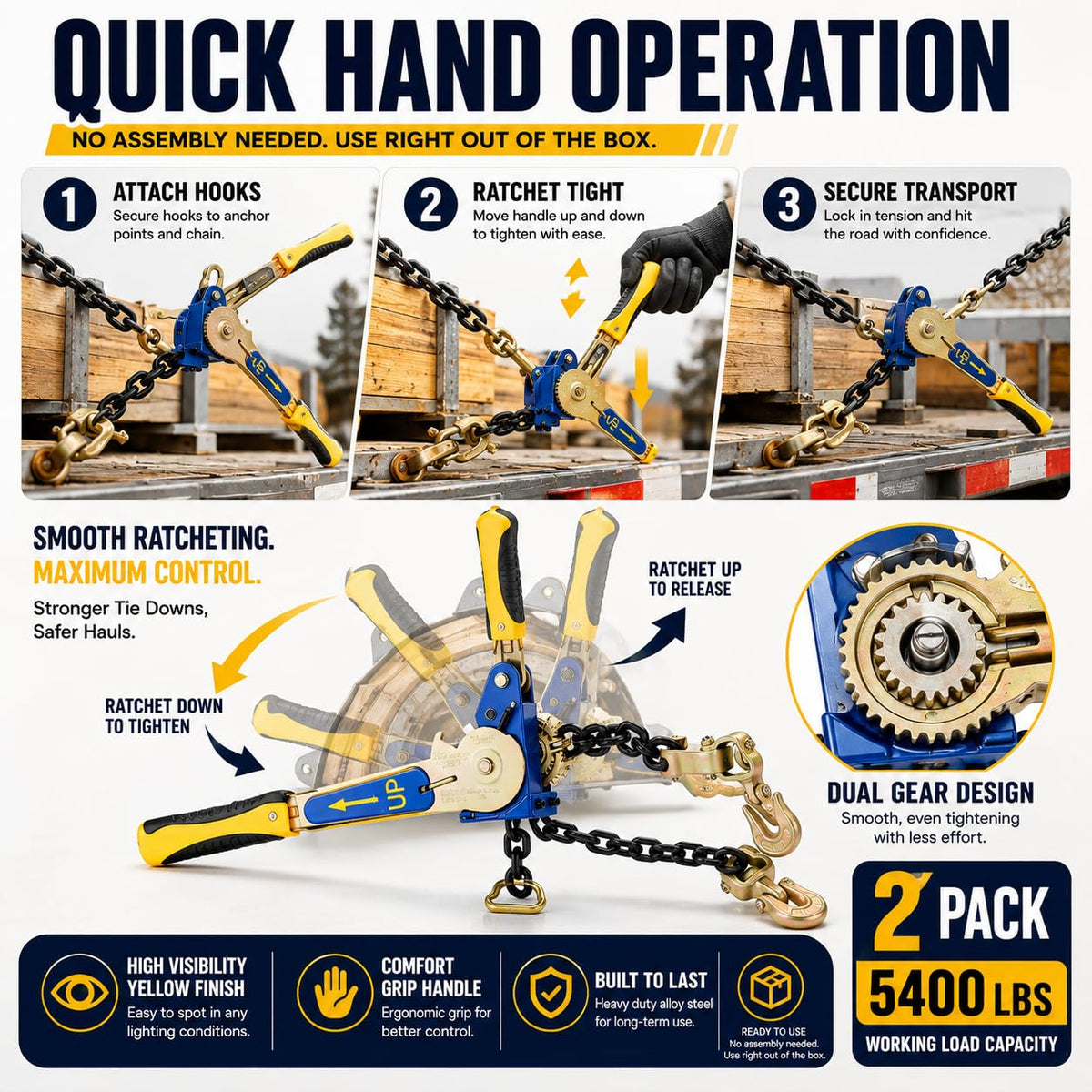 2 Pack 5/16"-3/8" Easy Ratchet Chain Binder with Grab Hooks & 5400 lbs WLL - Heavy Duty Tie Down Chain Ratchet Binder Load Binder for Flatbed Trailers Truck, Cargo Tie Down