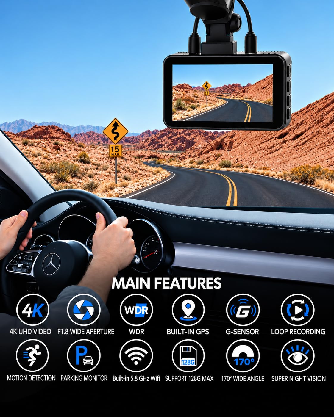 Dash Cam Front and Rear, 4K+4K Car Dash Camera, Free 128GB Card,5.8GHz WiFi