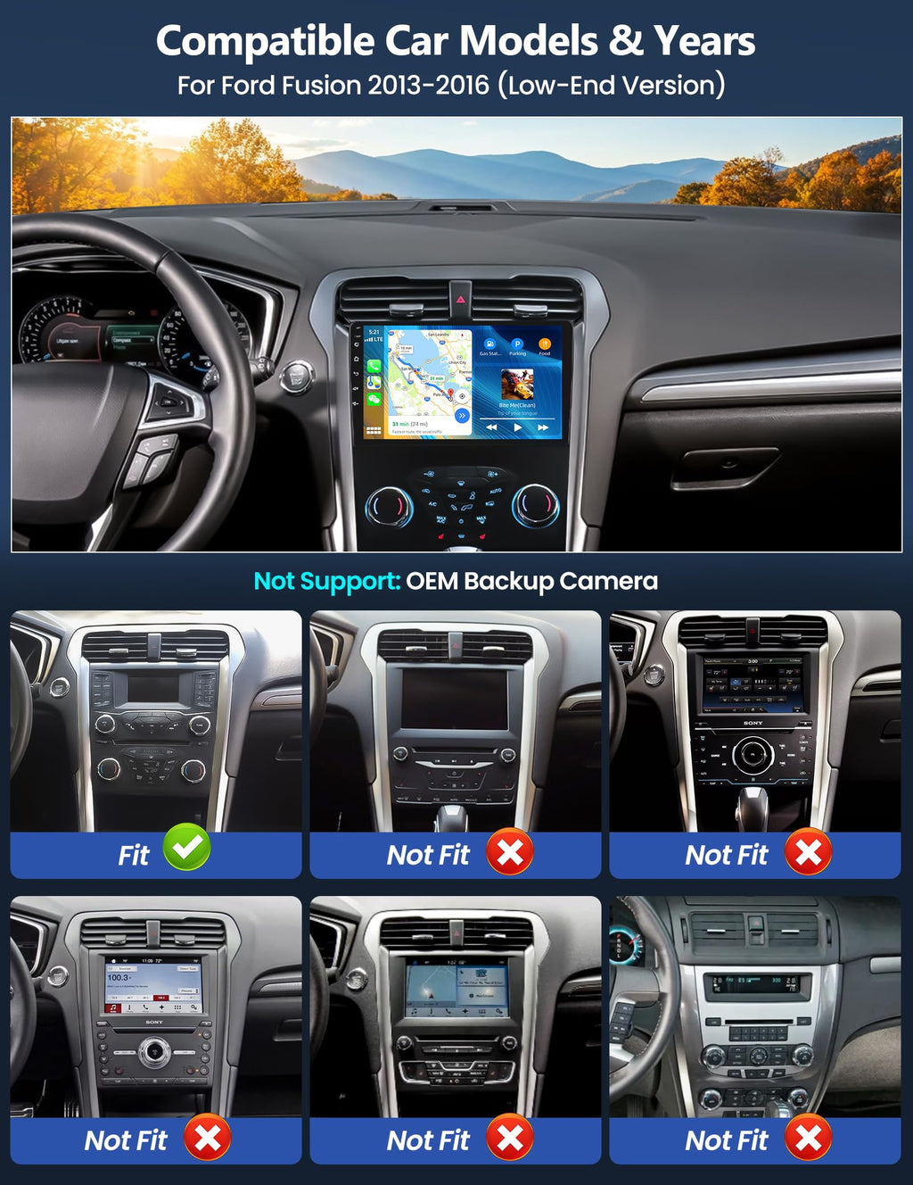 CAMECHO 8-Core 6G+128G Car Radio for Ford Fusion 2013-2016 with Wireless CarPlay Android Auto 9 Inch 1280 * 720 HD Touch Screen Car Stereo Android 15 GPS WiFi DSP 32EQ FM Bluetooth 5.0 Backup Camera