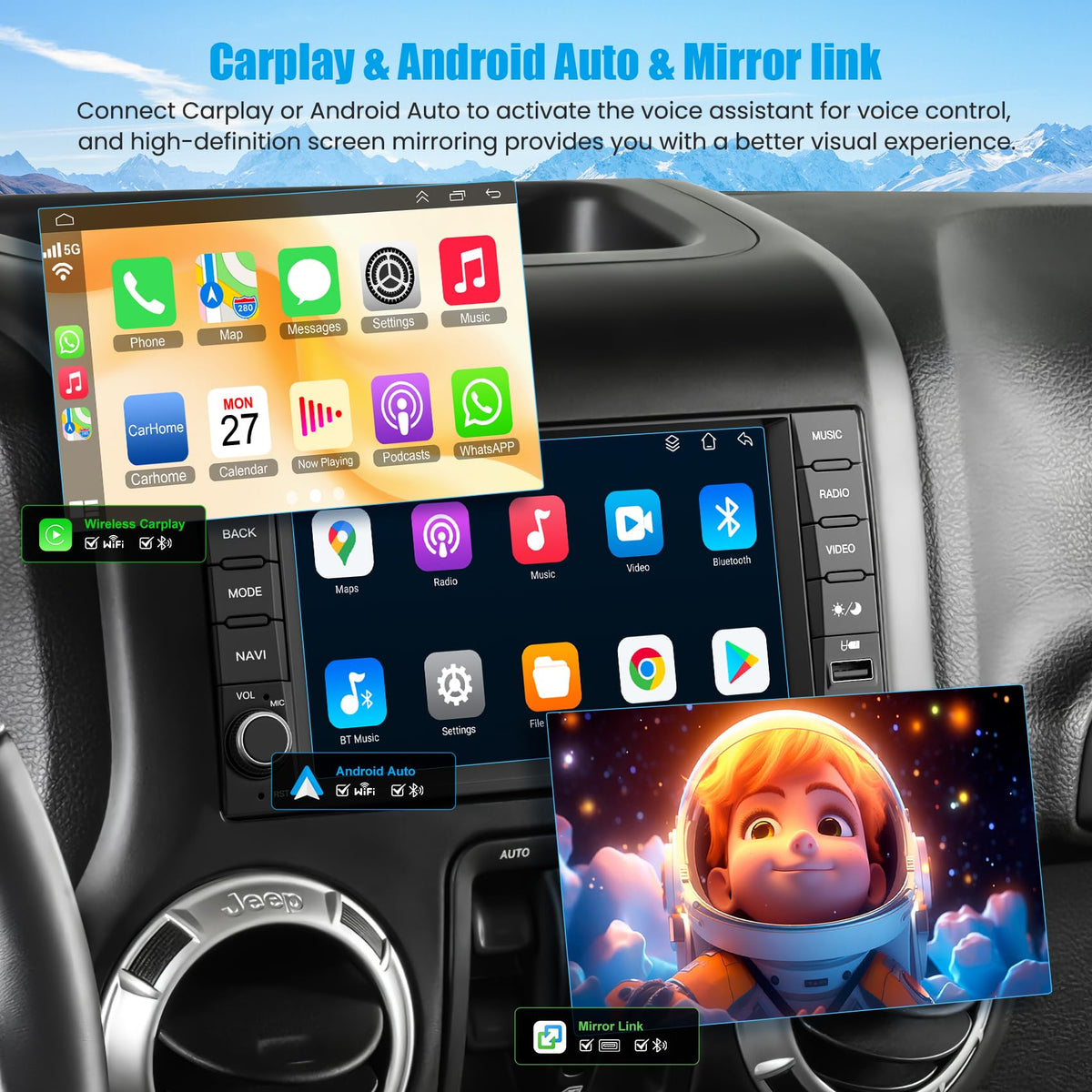 Car Radio Stereo for Jeep Wrangler JK 2007-2018,for Dodge Grand Caravan 2008-2020, for Chrysler Town & Country 2008-2016, Android 15.0 (4G RAM 64G ROM) with Wireless Carplay& Android Auto