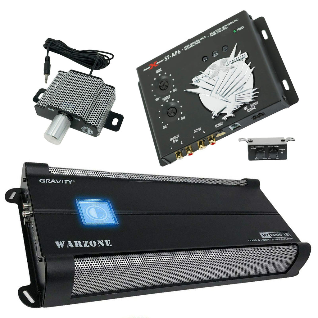 Gravity 6000.1D 2nd Gen Class D Monoblock Car Amplifier Bundle with SoundXtreme AP6 Bass Machine - 6000W Max, 1 Ohm Stable, MOSFET Supply, Remote Bass Knob