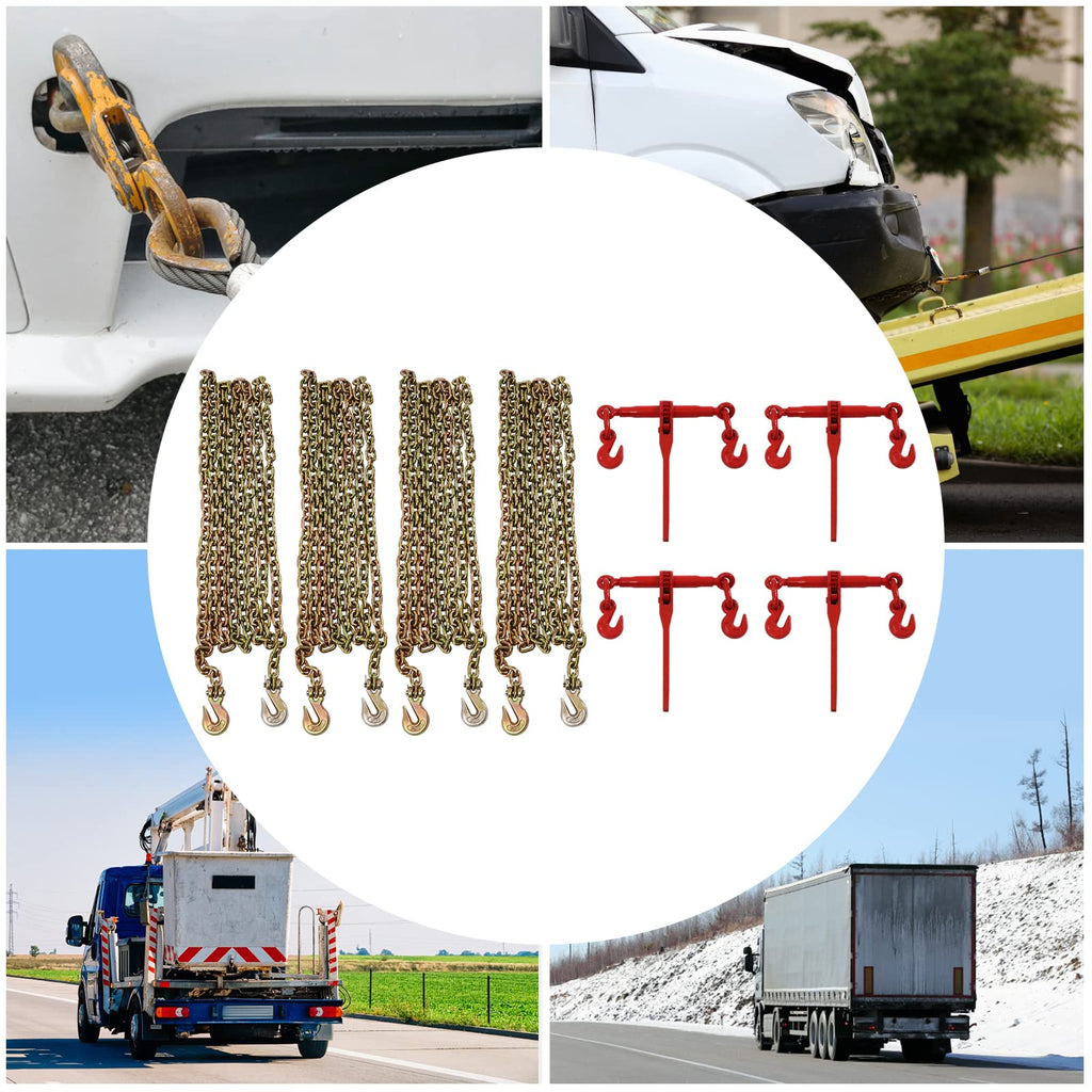 5/16"-3/8" Chain and Binder Kit Ratchet Load Binder, Upgraded Gears, with Excellent Loading Capacity of 5400 Lbs & Breaking Pull of 19000 Lbs, Labor-Saving and Safe, for Hauling, Towing