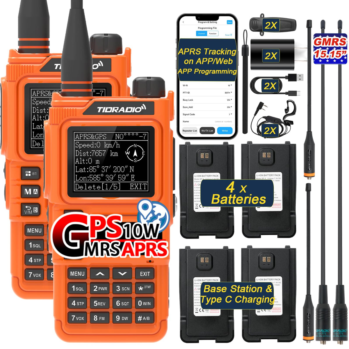 TIDRADIO TD-H9 10Watt GPS/APRS GMRS Radio Handheld(4PCS Battery),Spectrum Analysis,SMS Message Text, Bluetooth Programming(APP/PC),Web Upgrade,Compass,Long Range Walkie Talkies,NOAA,AM,FM.Orange,2Pack