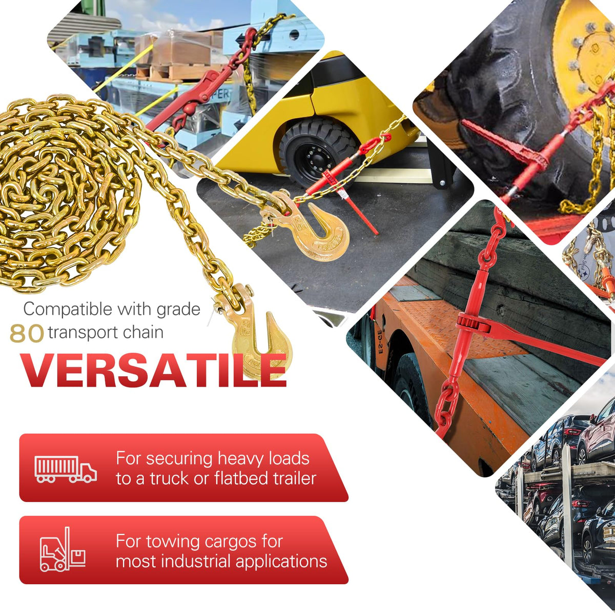 3/8" to 1/2" Ratchet Chain Binder with G80 5400 lbs Safe Working Load 3/8" X 10FT Binder Chain，with Grappling G70 Hook, Tie Down Hauling Chain Binders for Flatbed Truck Trailer
