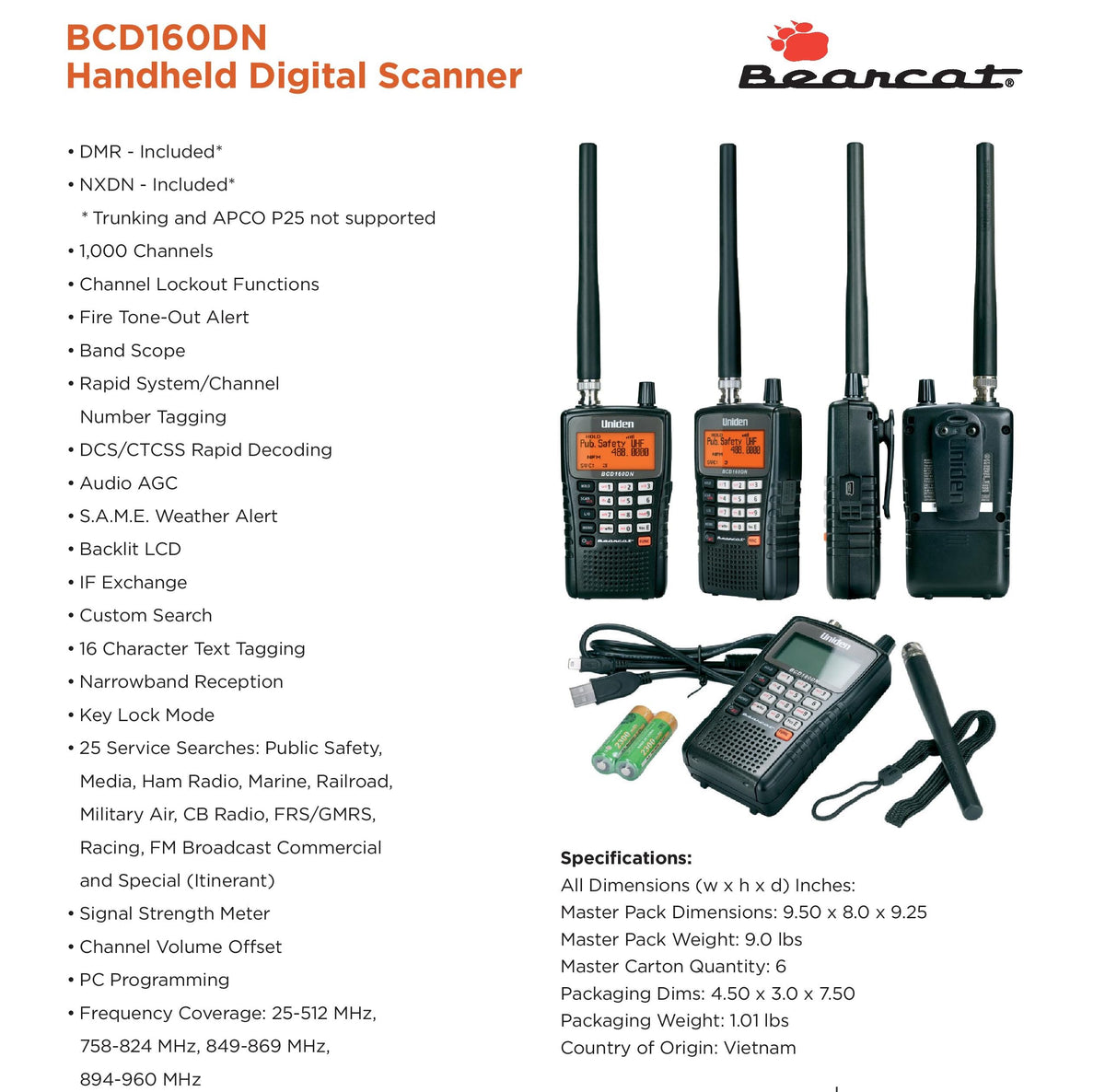 Uniden Bearcat BCD160DN Handheld Digital Scanner, Exclusive Features, Band Scope Rapid System/Channel Number Tagging, Narrow-Band Reception, and Search Features to Detect Signals Faster Than Ever