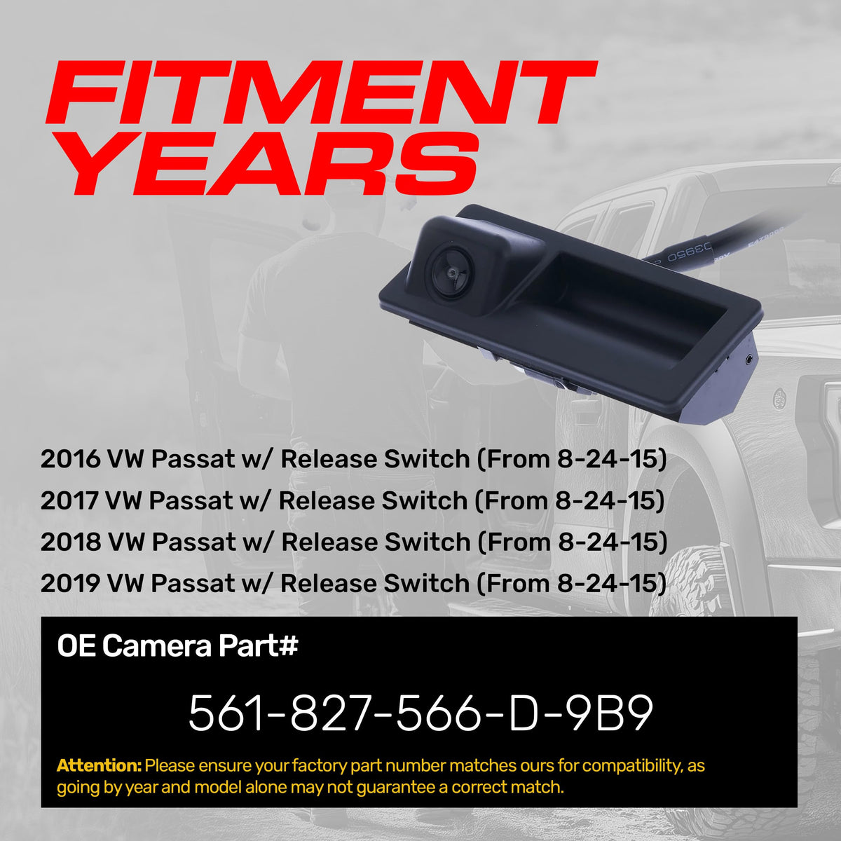 Master Tailgaters Replacement for VW Passat w/Release Switch [from 8-24-15] (2016-2019) Backup Camera OE Part # 561-827-566-D-9B9