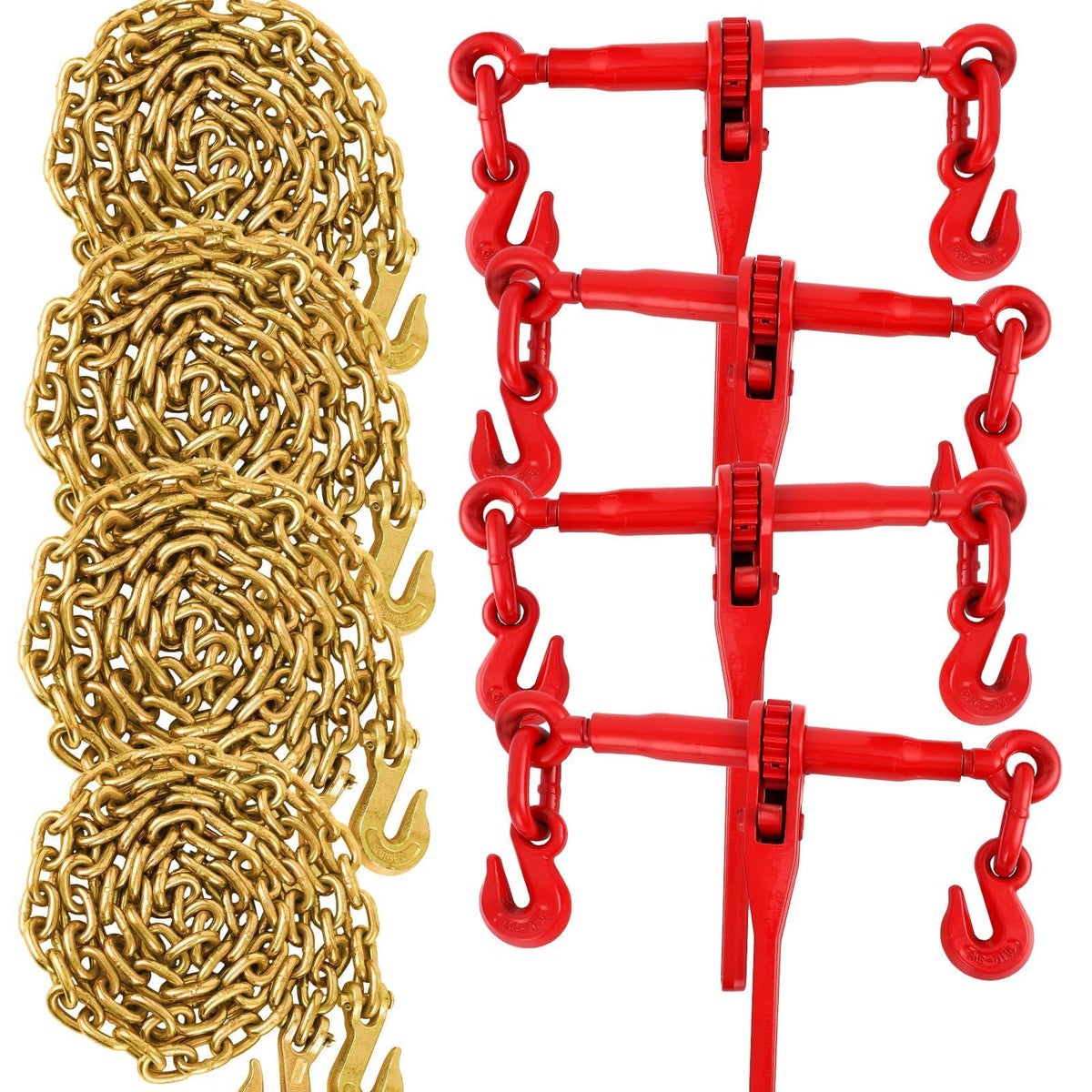 4 Pack 10ft 3/8" Chain and Binder Kit, 3/8"-1/2" Ratchet Binders