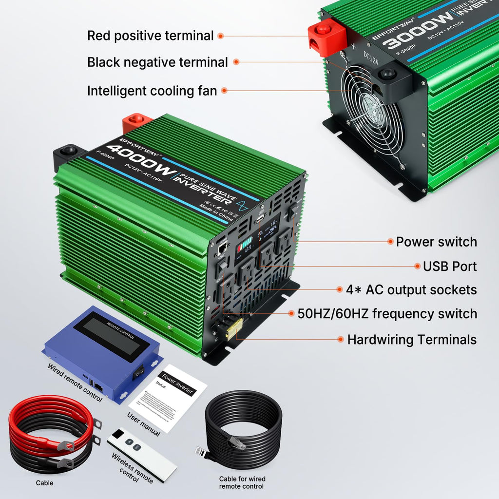 4000W Pure Sine Wave Power Inverter, 12V DC to 110V/120V Inverter with 4 AC Outlets, USB Port, Hardwire Port, Remote Controller, Car Converter for RV, Truck, Boat, Camping, Off-Grid
