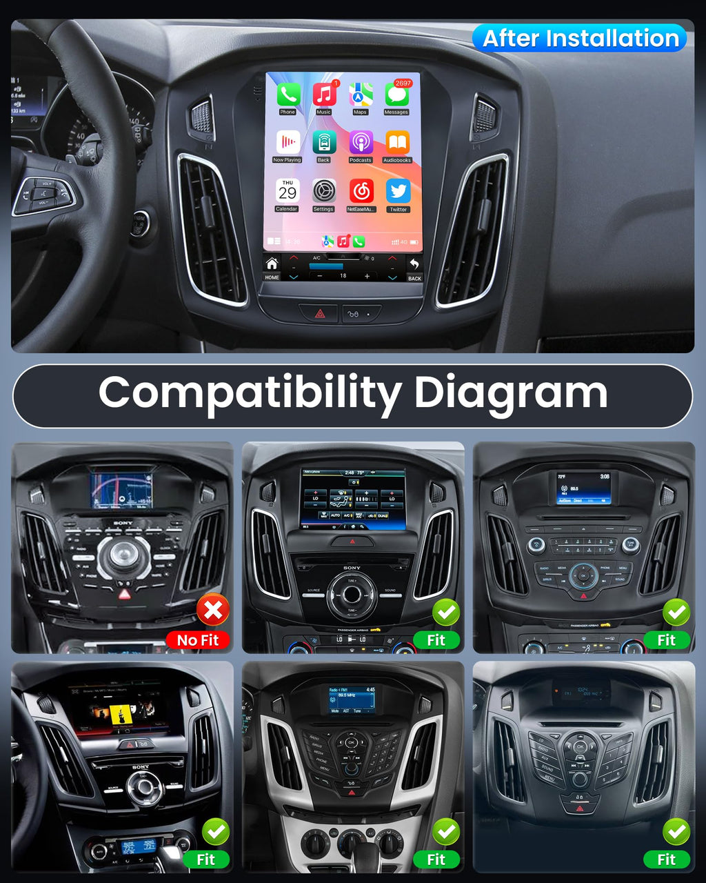 10.4 inches Android12 Car Stereo Ford Focus Radio Upgrade 2012-2018 with Touch Screen 1024 * 768 RDS Auto with GPS Bluetooth 5GWiFi Backup Camera