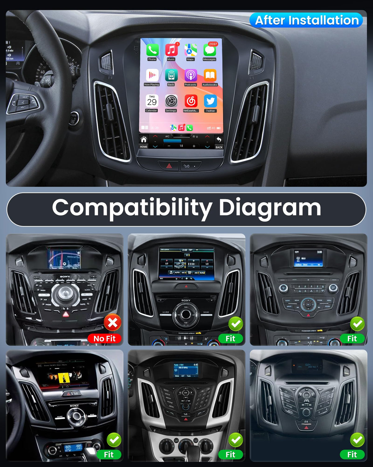 Ford Focus Car Stereo Radio 2012-2018 with Carplay/Android Auto, 10.4 Inch IPS Touch Screen Replacement with GPS Navigation Bluetooth 5GWiFi Mirror Link Backup Camera, 2G RAM 32G ROM