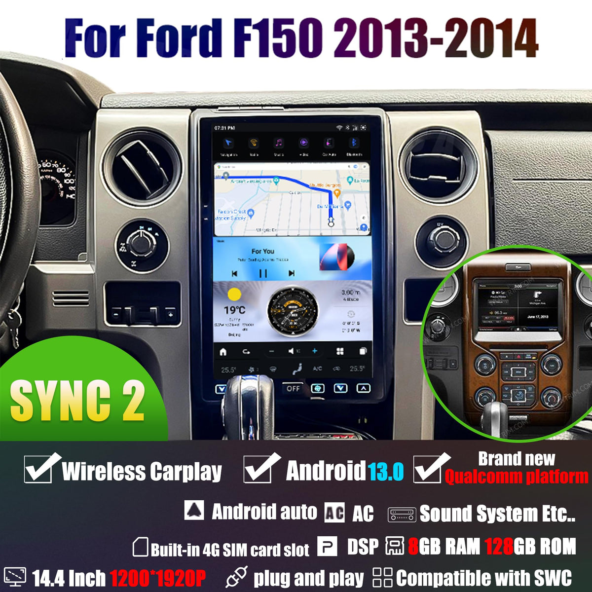 AuCar for Ford F150 F250 Raptor 2013-2014 (SYNC 2 System) 14.4 Inch Touch Screen Android 13 Car Radio Head Unit, Car Multimedia Player GPS Navigation Wireless Carplay Android Auto 8GB+128GB