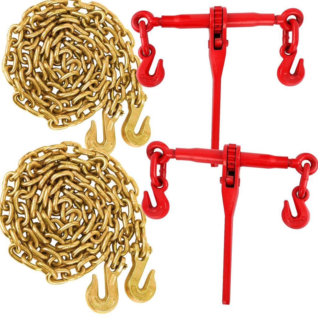 5/16"-3/8" Chain Binder Kit 2 Packs, Ratchet Load Binders 9200 Lbs Working Load Limit, G70 5/16"×10ft Heavy Duty Ratchet Binders and Chains with Grab Hooks for Truck, Tie Down, Hauling, Towing