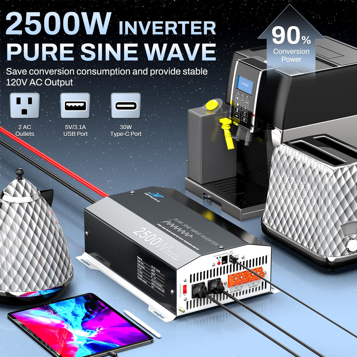 2500W Pure Sine Wave Inverter with Built-in ATS 12V DC to 120V AC for RVs