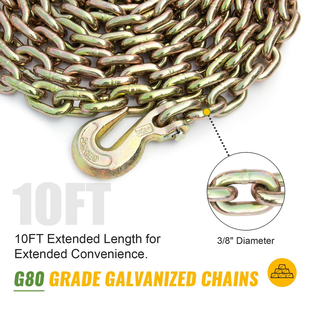 3/8in-1/2in Chain and Binder Kit, 9215 Lbs G80 Ratchet Load Binders Working Strength, Ratchet Load Binders and Chains Set of 2, 10ft Chains Truck, Tie Down, Hauling, Towing