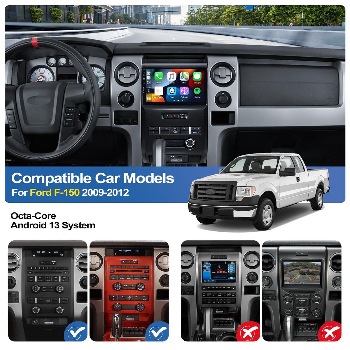 6G+128G 8-Core Android 15 Car Radio Stereo for Ford F150 F-150 2009 2010 2011 2012 with Wireless CarPlay Android Auto 9" IPS Touch Screen Head Unit with DSP GPS Bluetooth 5.0 WiFi FM AHD Backup Camera