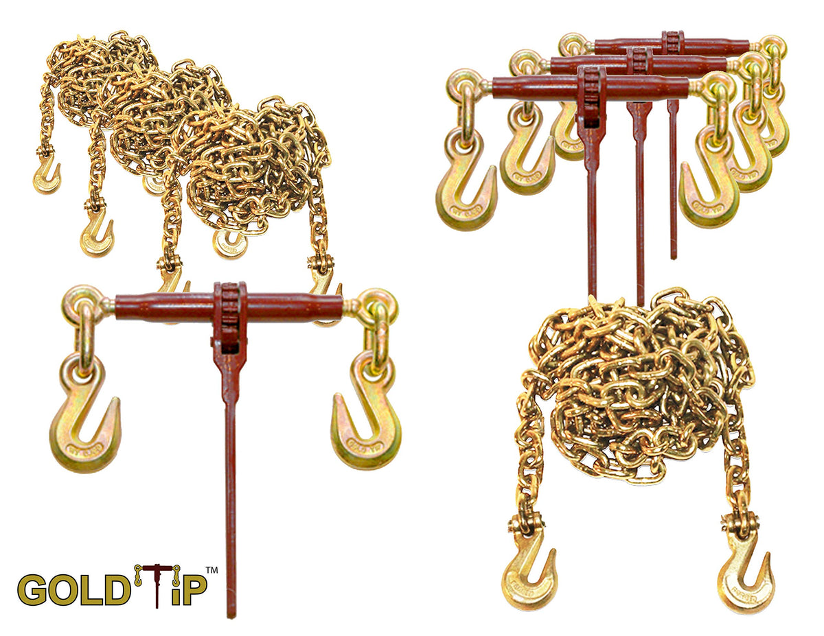 Gold-Tip Premium 3/8" Transport Tie Down Package - 4 Pack - Ratchet Binders & 10' FT Chains Grade 70