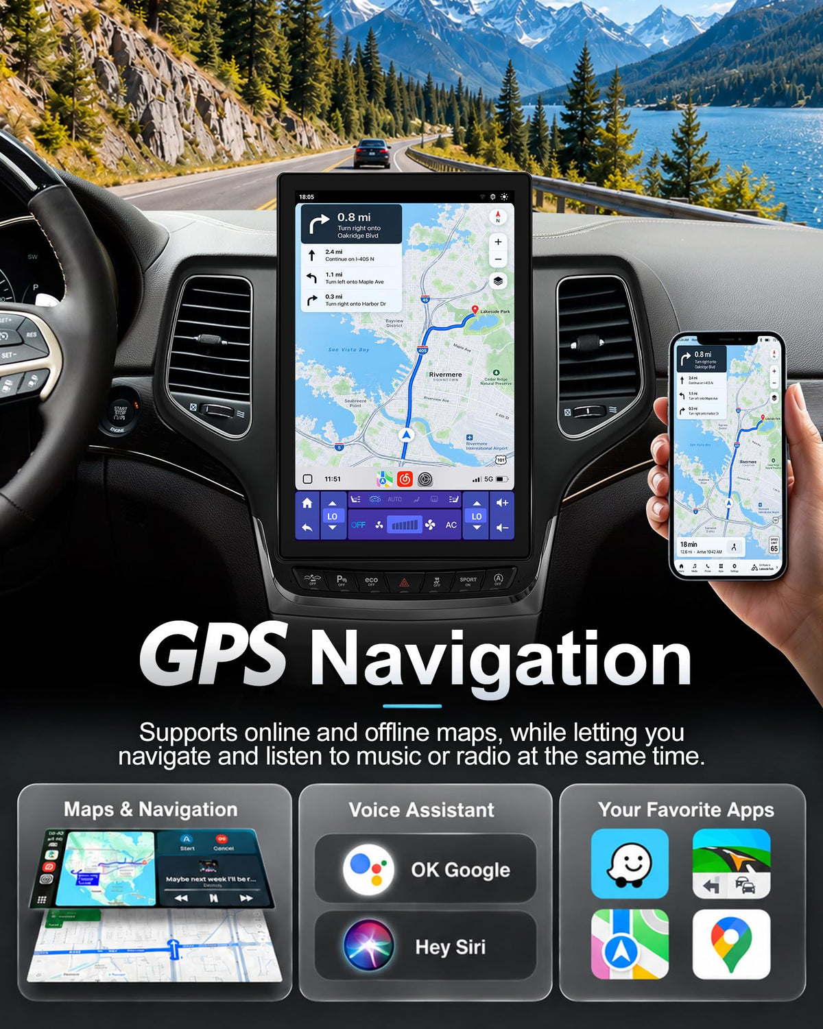 12.95" Car Radio Stereo Upgrade for Grand Cherokee 2014-2022,Wireless CarPlay Android Auto,Android 13 Head Unit with WiFi SWC GPS 1080P Backup Camera 4+64GB